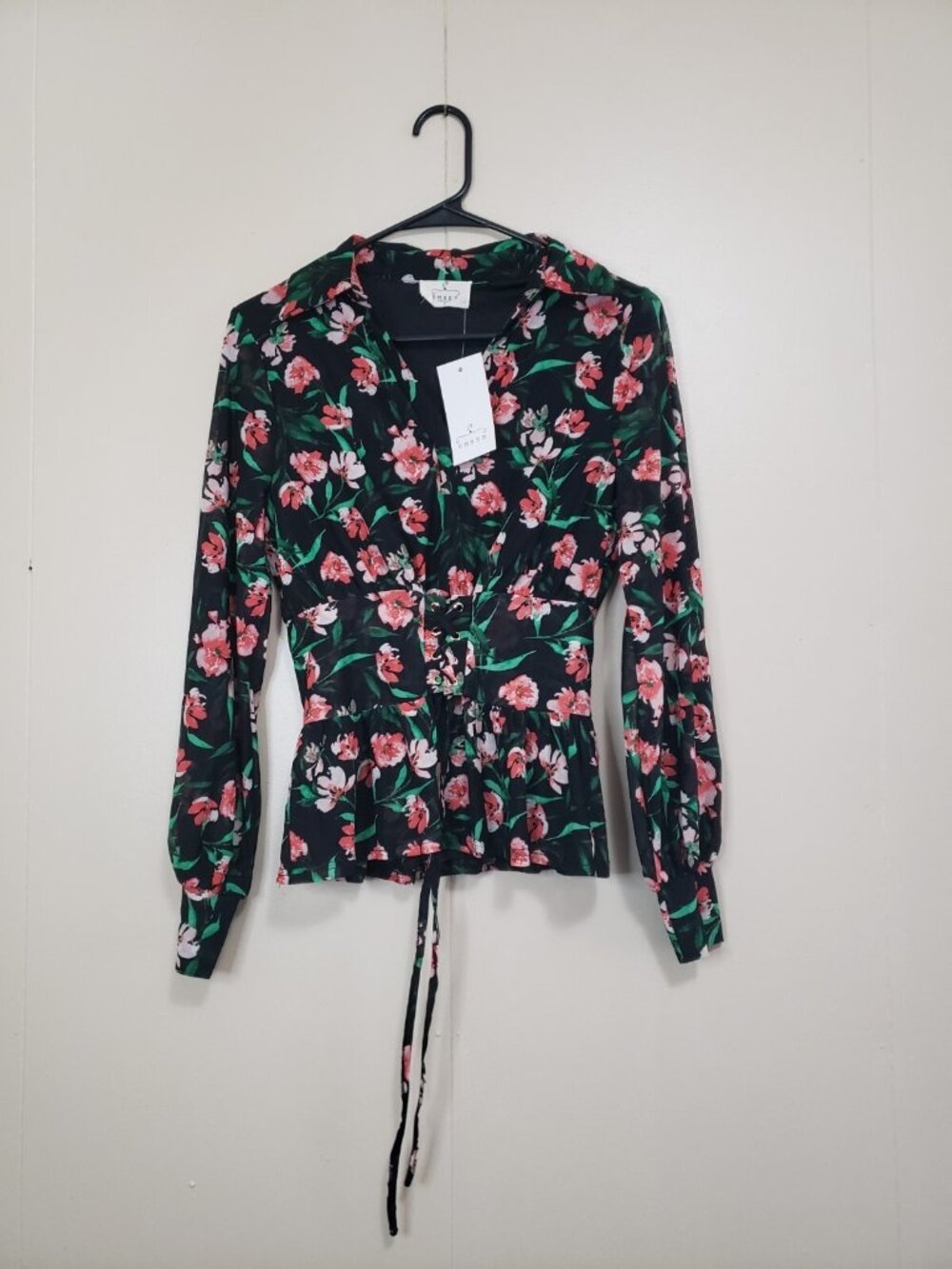 Ember Women S Blouse Floral Corset Lace Up Waist V Neck Whimsigoth Mesh NWT